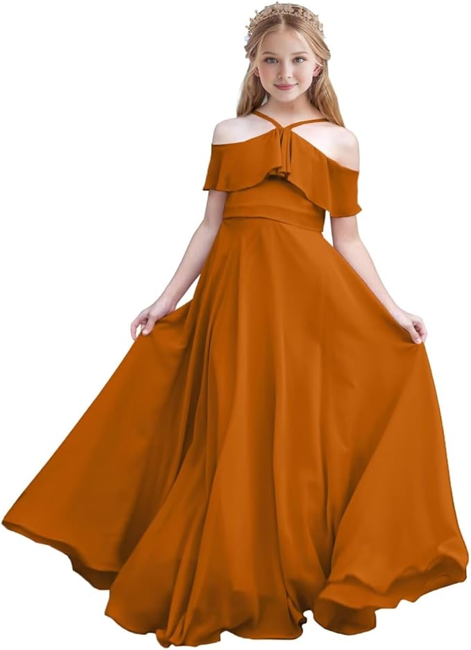 Cross Strap Chiffon Junior Bridesmaid Dress with Ruffles Satin First Communion Dress JQ147