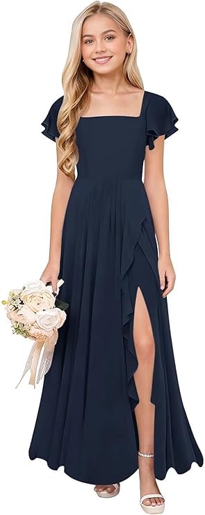 Chiffon Junior Bridesmaid Dresses for Teen Ruffle Sleeve Long Formal Flower Girl Wedding Birthday Gown with Slit