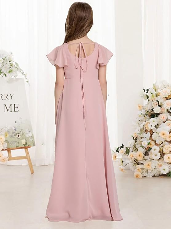 Chiffon Junior Bridesmaid Dresses for Teen Ruffle Sleeve Long Formal Flower Girl Wedding Birthday Gown with Slit