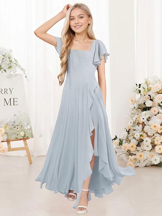 Chiffon Junior Bridesmaid Dresses for Teen Ruffle Sleeve Long Formal Flower Girl Wedding Birthday Gown with Slit