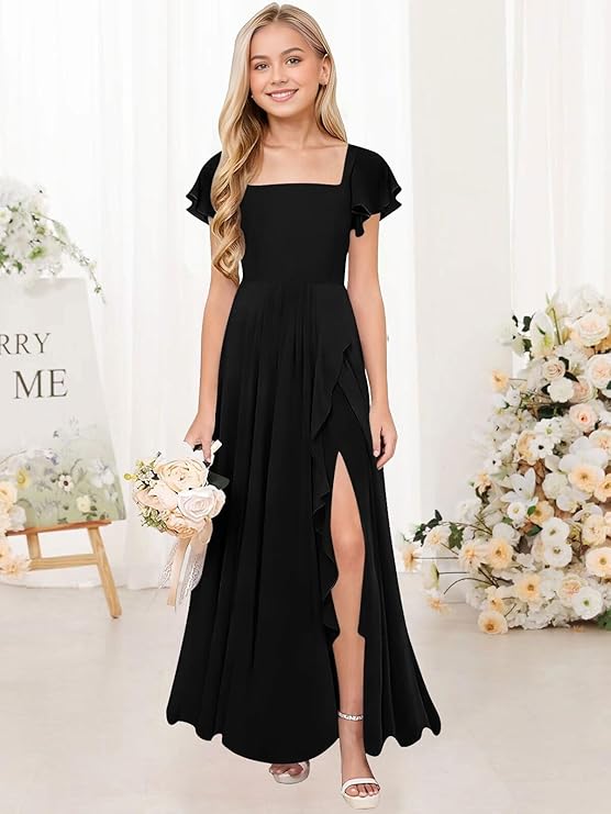Chiffon Junior Bridesmaid Dresses for Teen Ruffle Sleeve Long Formal Flower Girl Wedding Birthday Gown with Slit