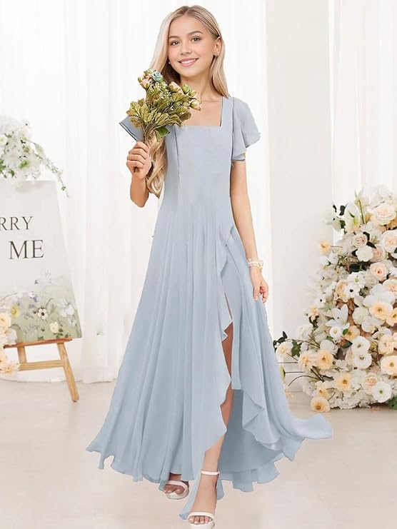 Chiffon Junior Bridesmaid Dresses for Teen Ruffle Sleeve Long Formal Flower Girl Wedding Birthday Gown with Slit