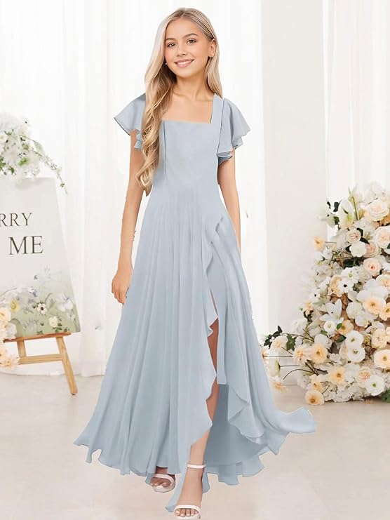 Chiffon Junior Bridesmaid Dresses for Teen Ruffle Sleeve Long Formal Flower Girl Wedding Birthday Gown with Slit