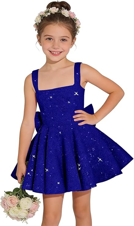 Ouyisha Sparkly Sequin Teen Flower Girl Dresses for Wedding Short Spaghetti Straps Cute Birthday Party Dress with Bow