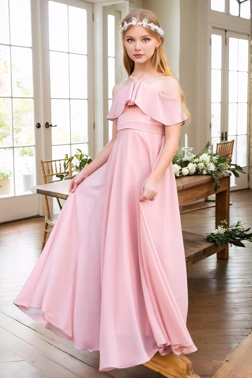 Cross Strap Chiffon Junior Bridesmaid Dress with Ruffles Satin First Communion Dress JQ147