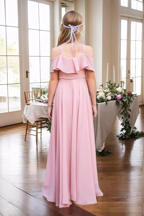 Cross Strap Chiffon Junior Bridesmaid Dress with Ruffles Satin First Communion Dress JQ147