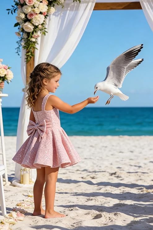 Ouyisha Sparkly Sequin Teen Flower Girl Dresses for Wedding Short Spaghetti Straps Cute Birthday Party Dress with Bow