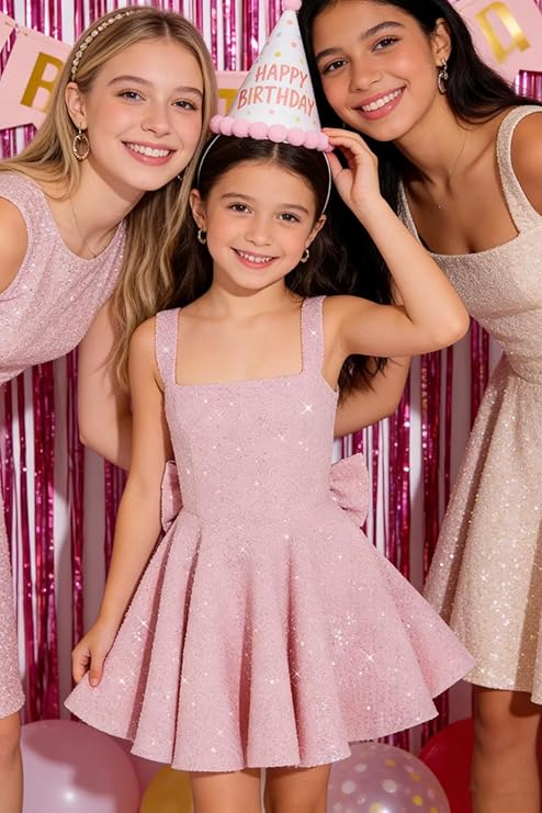 Ouyisha Sparkly Sequin Teen Flower Girl Dresses for Wedding Short Spaghetti Straps Cute Birthday Party Dress with Bow