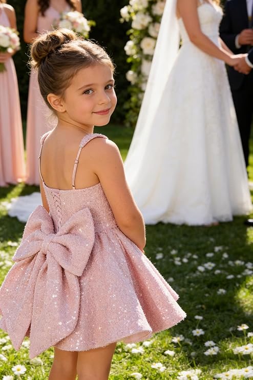 Ouyisha Sparkly Sequin Teen Flower Girl Dresses for Wedding Short Spaghetti Straps Cute Birthday Party Dress with Bow